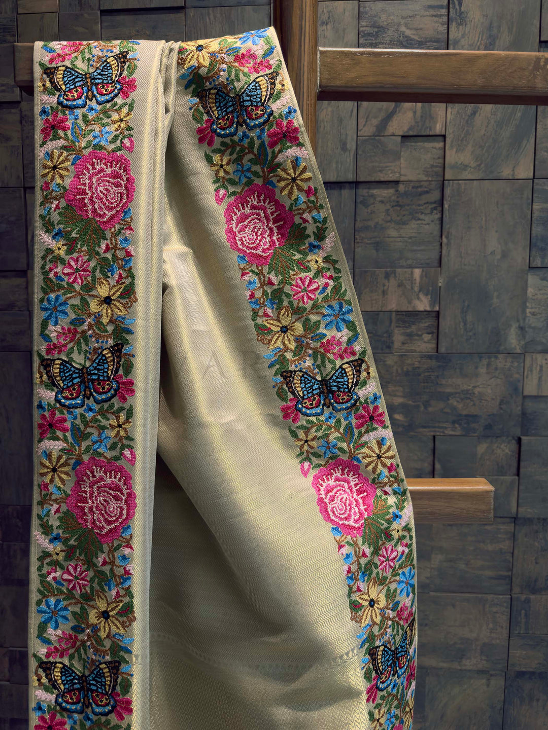 Chikoo Tissue Kanjivaram Silk Saree with Parsi Gara Embroidery