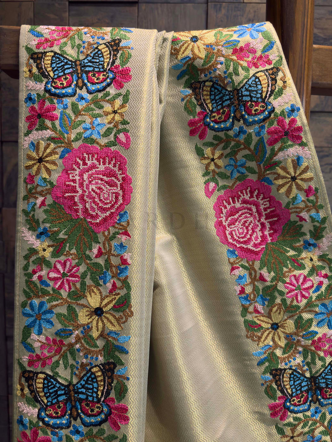 Chikoo Tissue Kanjivaram Silk Saree with Parsi Gara Embroidery