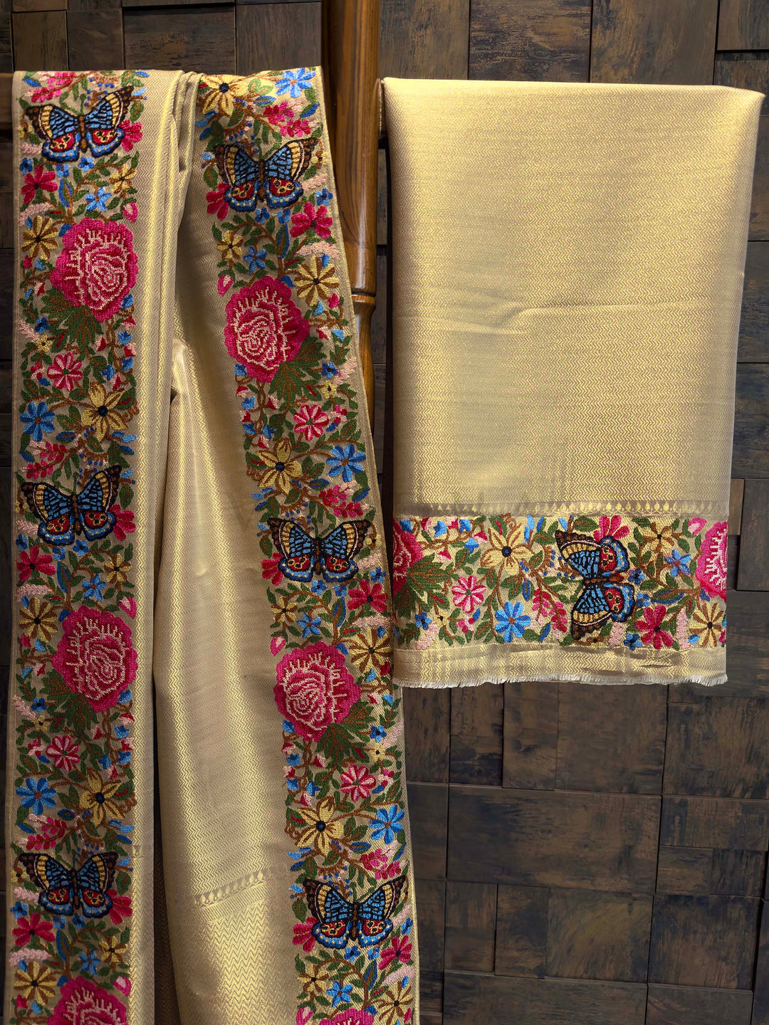 Chikoo Tissue Kanjivaram Silk Saree with Parsi Gara Embroidery