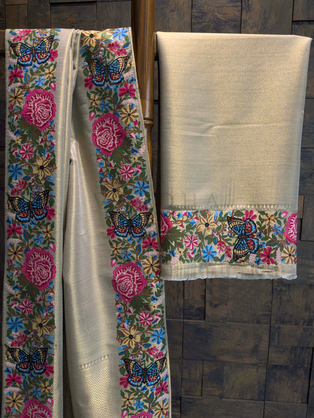 Chikoo Tissue Kanjivaram Silk Saree with Parsi Gara Embroidery