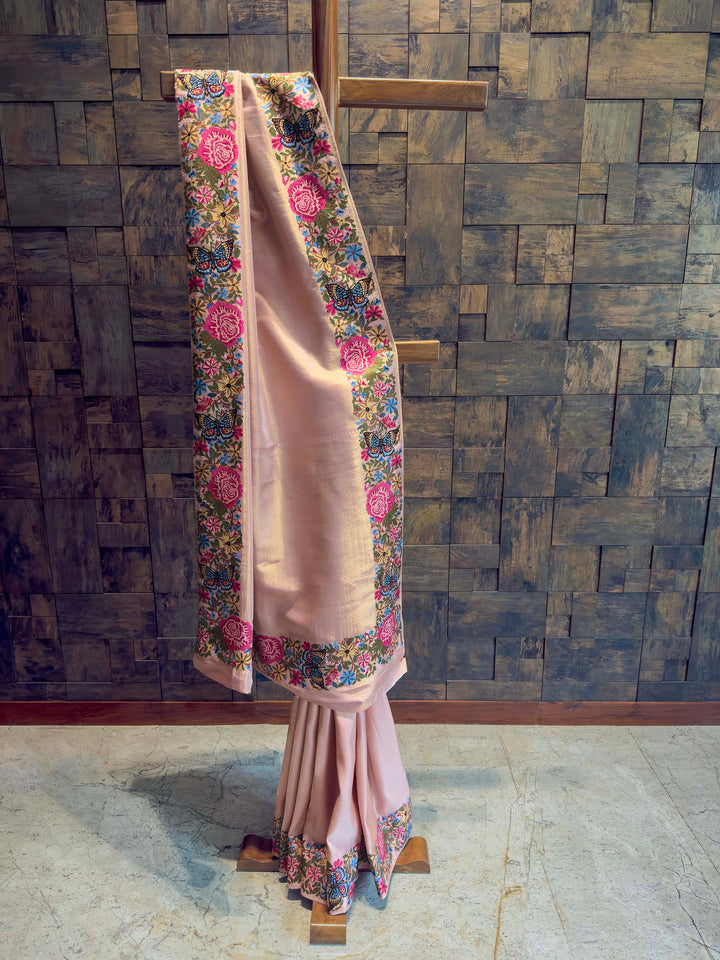 Pink Tissue Kanjivaram Silk Saree with Parsi Gara Embroidery