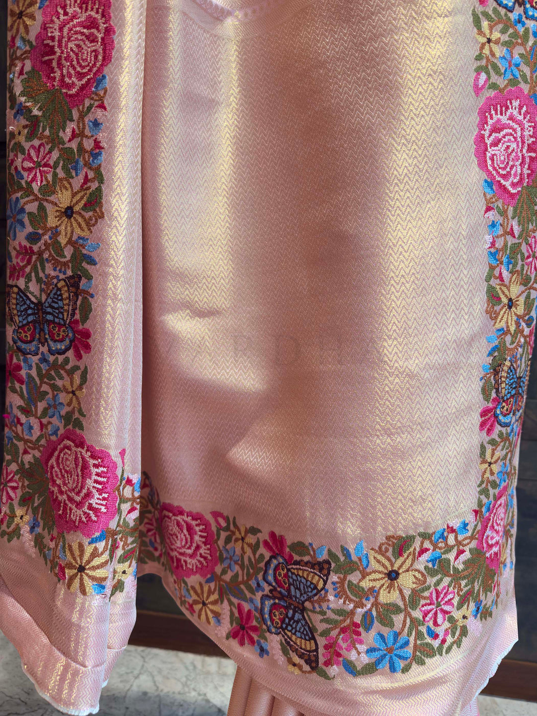 Pink Tissue Kanjivaram Silk Saree with Parsi Gara Embroidery