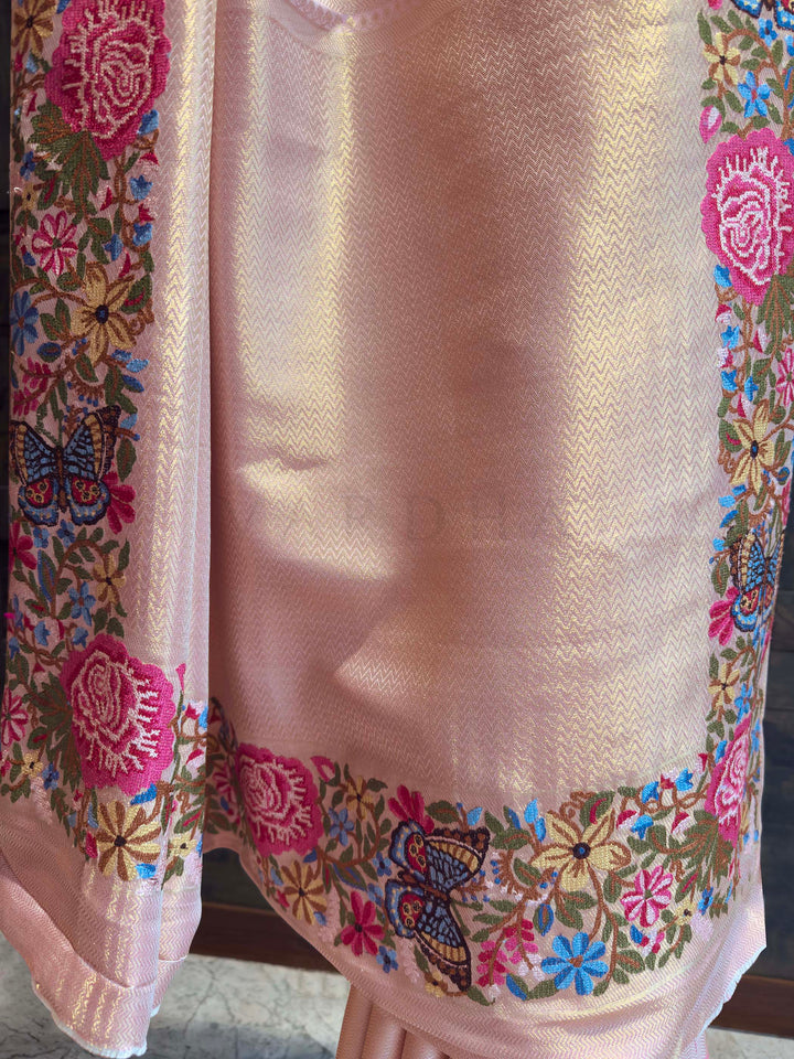 Pink Tissue Kanjivaram Silk Saree with Parsi Gara Embroidery