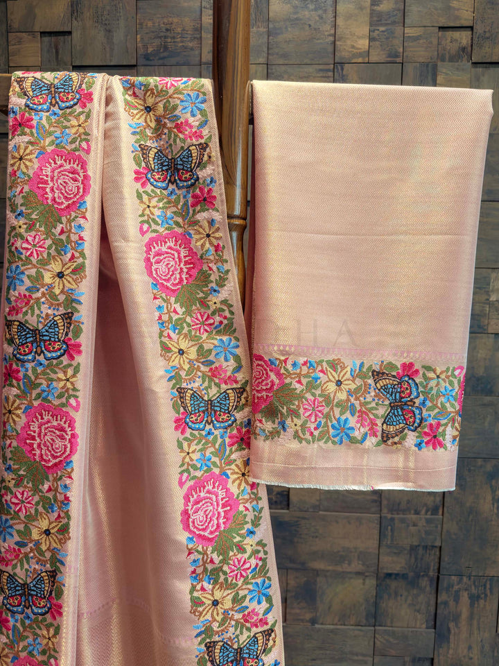 Pink Tissue Kanjivaram Silk Saree with Parsi Gara Embroidery