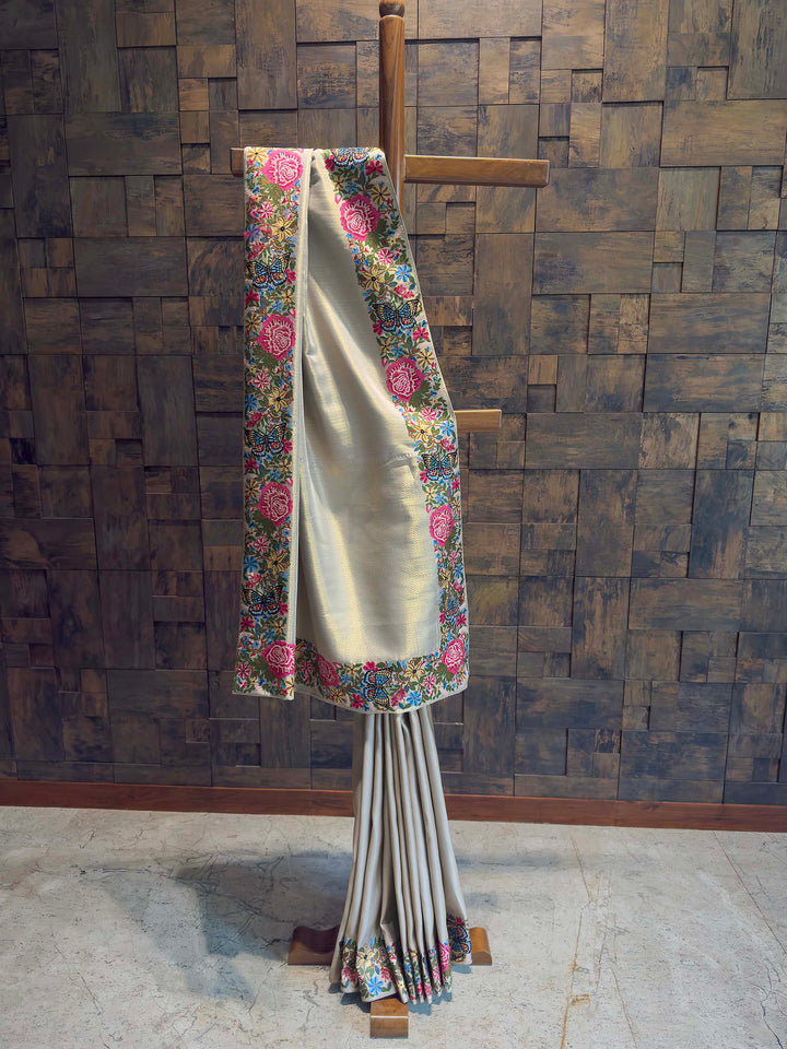 Lavender Grey Tissue Kanjivaram Silk Saree with Parsi Gara Embroidery