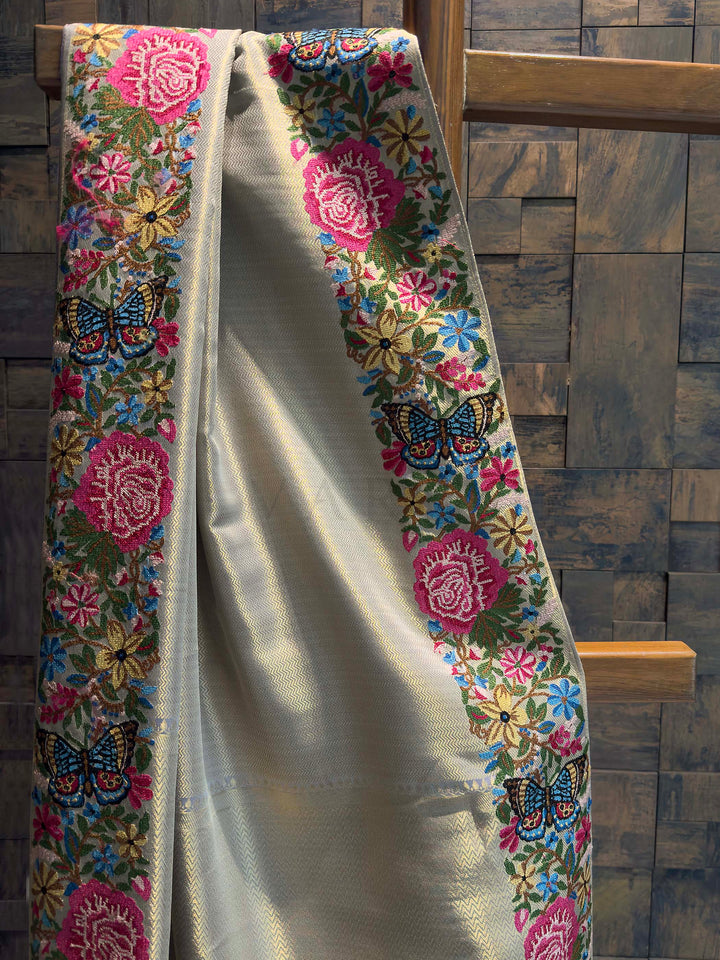 Lavender Grey Tissue Kanjivaram Silk Saree with Parsi Gara Embroidery