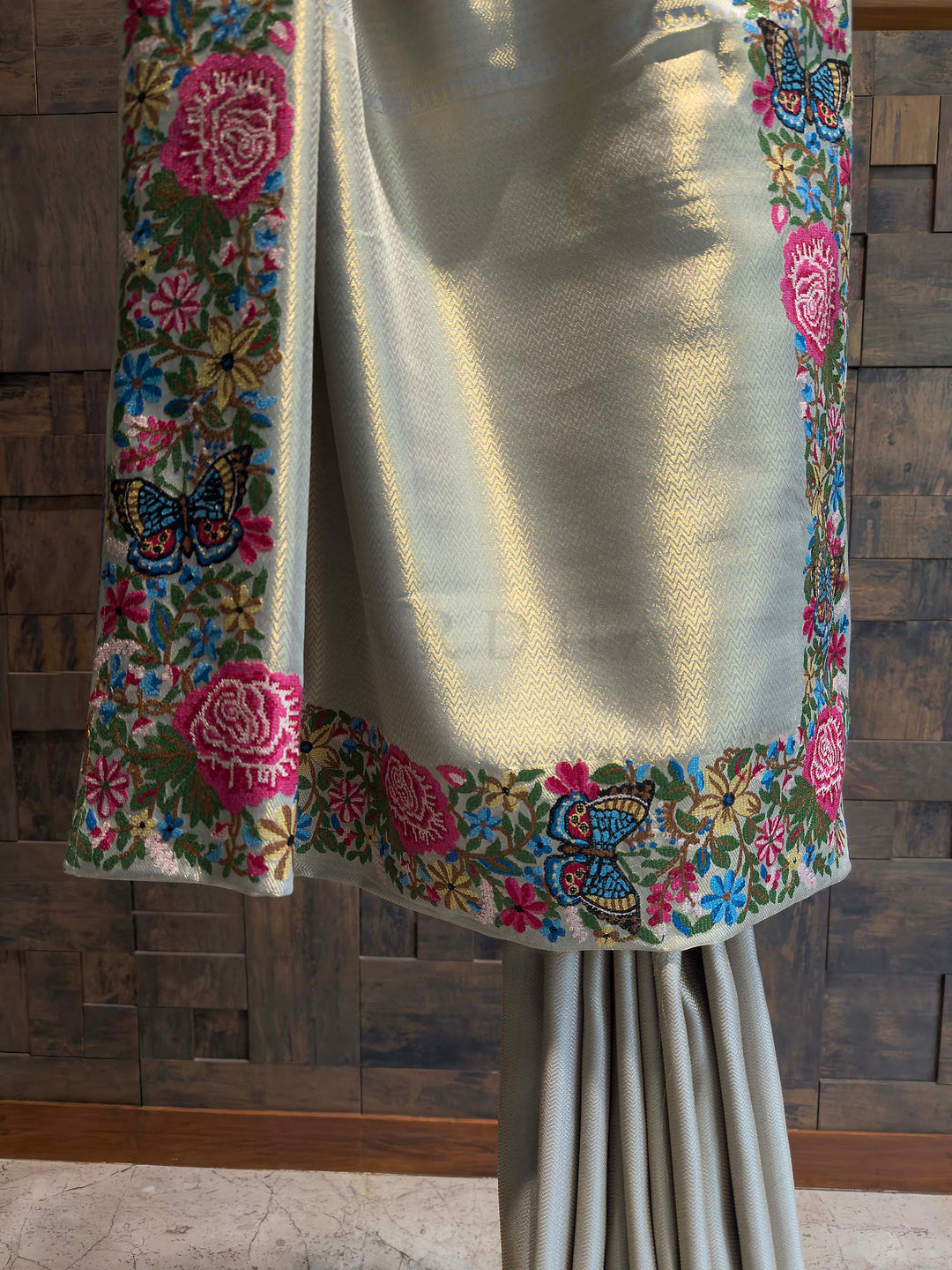 Lavender Grey Tissue Kanjivaram Silk Saree with Parsi Gara Embroidery