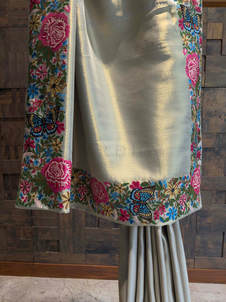 Lavender Grey Tissue Kanjivaram Silk Saree with Parsi Gara Embroidery