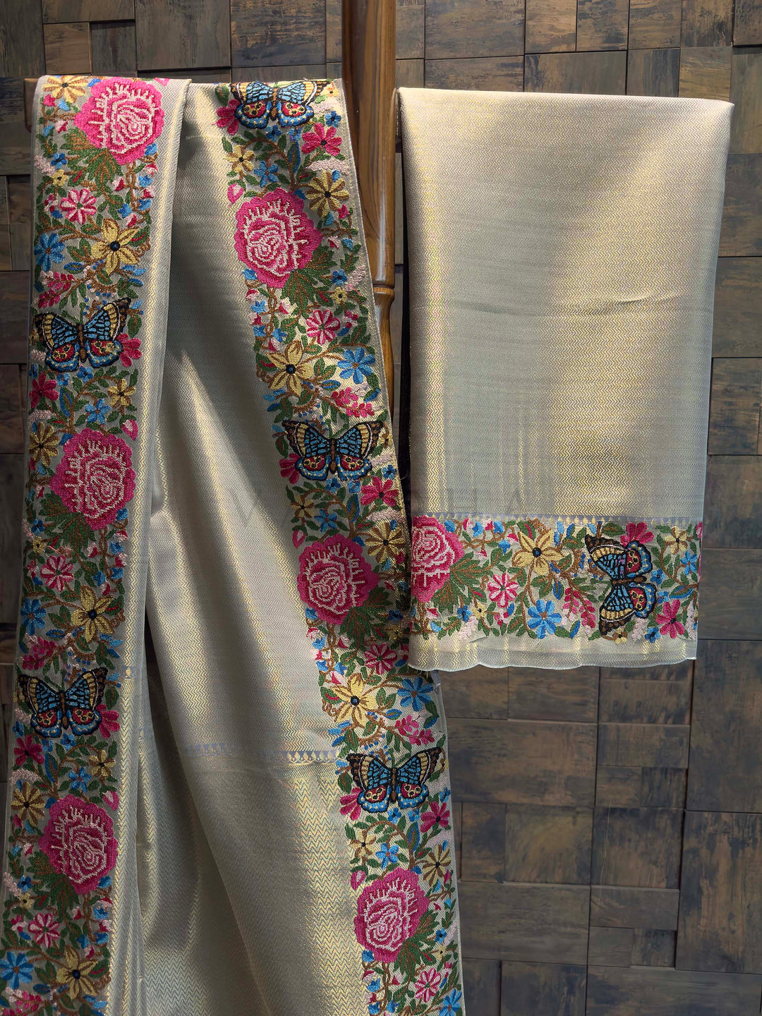 Lavender Grey Tissue Kanjivaram Silk Saree with Parsi Gara Embroidery
