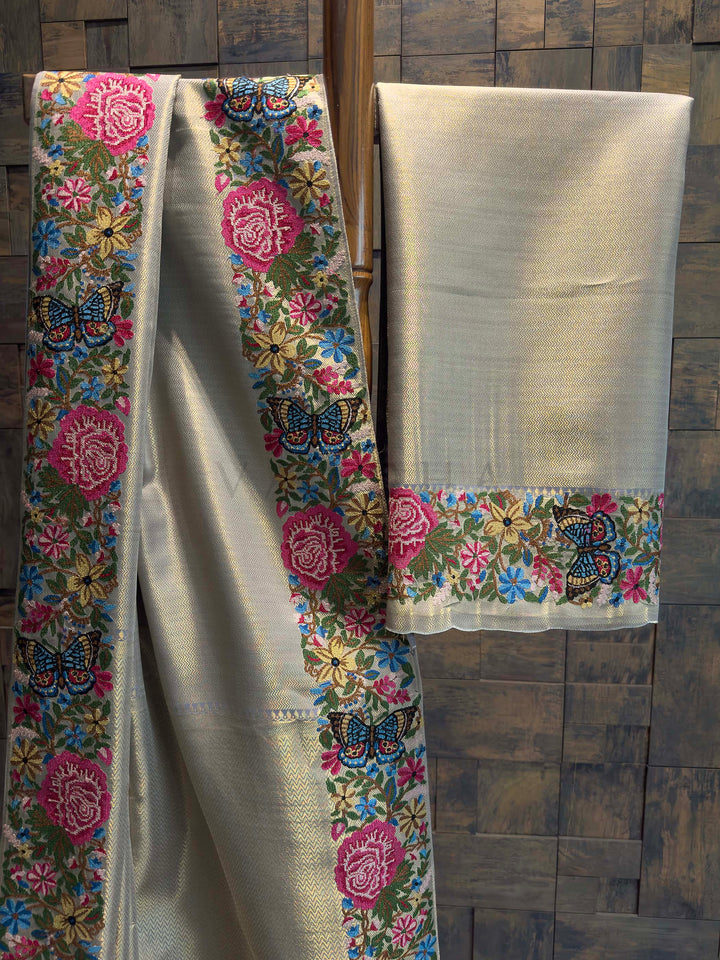 Lavender Grey Tissue Kanjivaram Silk Saree with Parsi Gara Embroidery