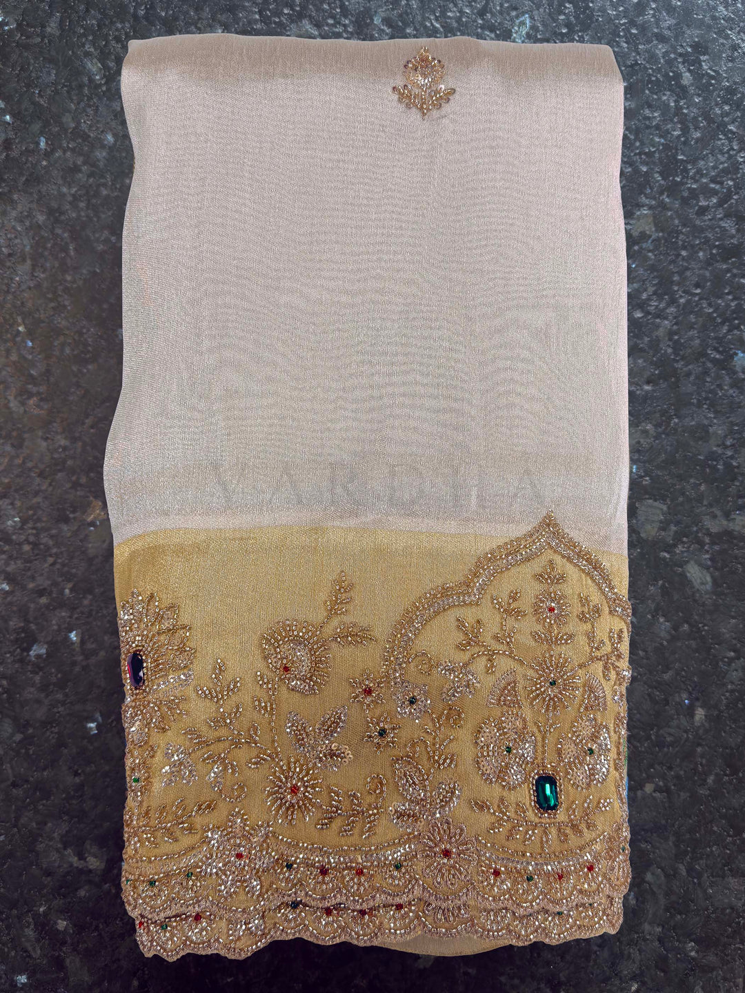White Tissue Silk Saree with Heavy Hand Zardozi & Stone Work