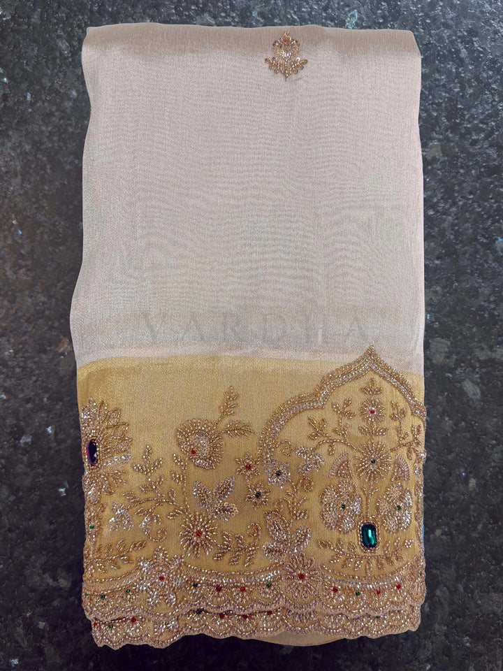 White Tissue Silk Saree with Heavy Hand Zardozi & Stone Work