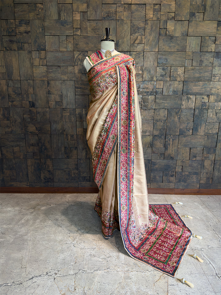 Cream Banarasi Katan Silk Saree with Cutdana & Zircon Hand Work