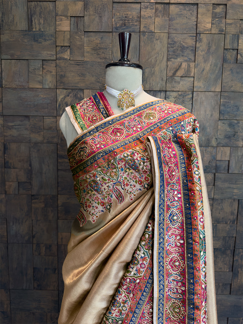 Cream Banarasi Katan Silk Saree with Cutdana & Zircon Hand Work