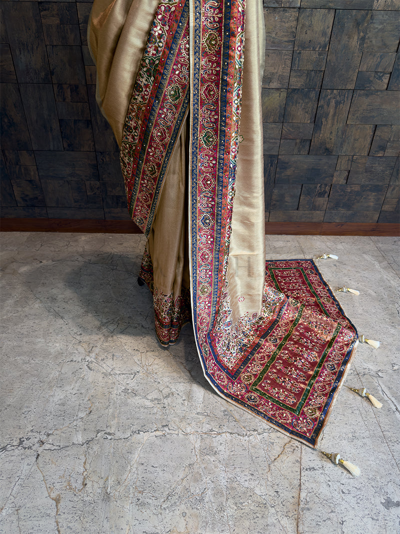 Cream Banarasi Katan Silk Saree with Cutdana & Zircon Hand Work