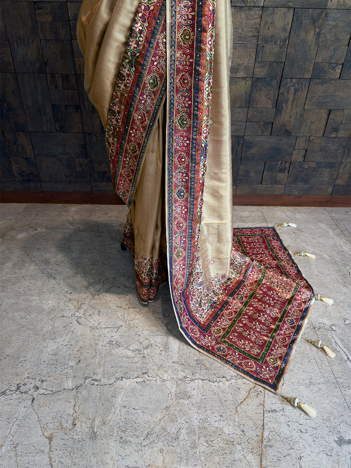 Cream Banarasi Katan Silk Saree with Cutdana & Zircon Hand Work