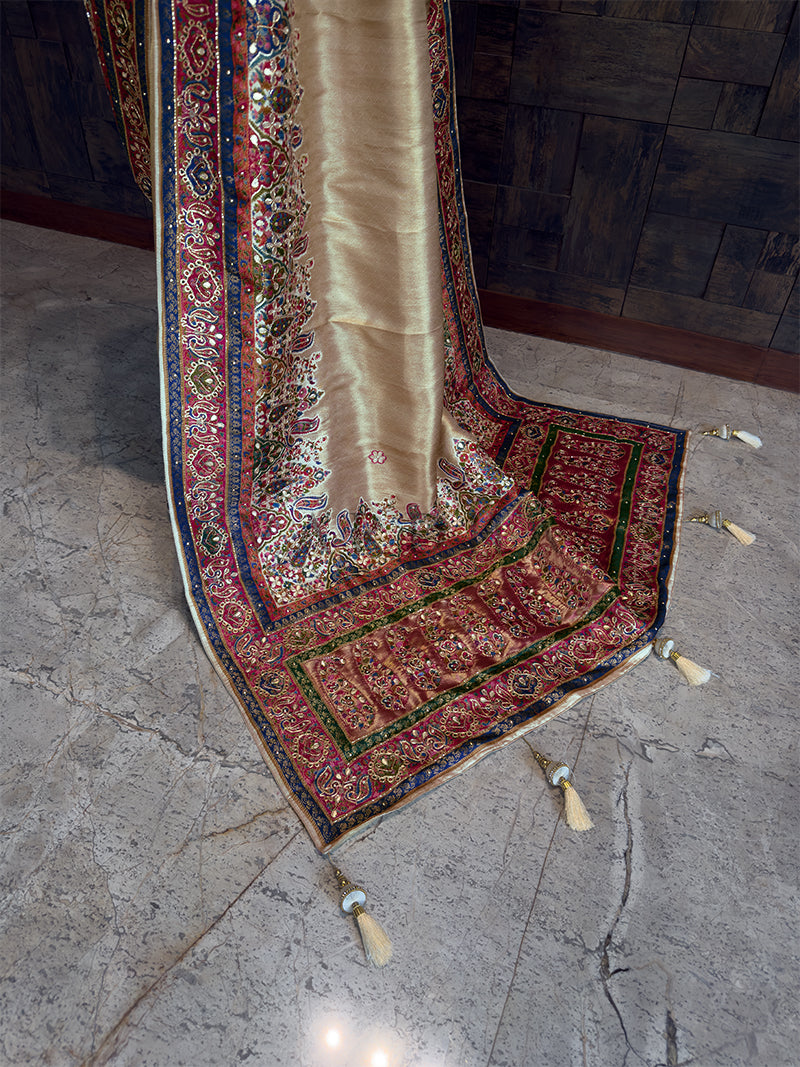 Cream Banarasi Katan Silk Saree with Cutdana & Zircon Hand Work