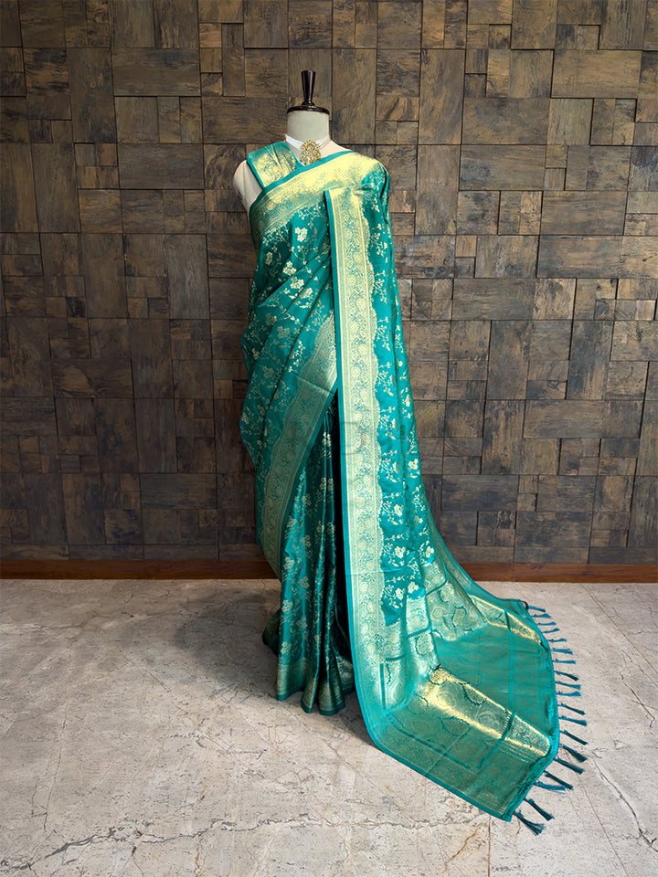 Teal Banarasi Satin Silk Saree with Gold Zari