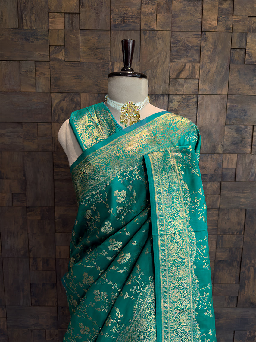 Teal Banarasi Satin Silk Saree with Gold Zari