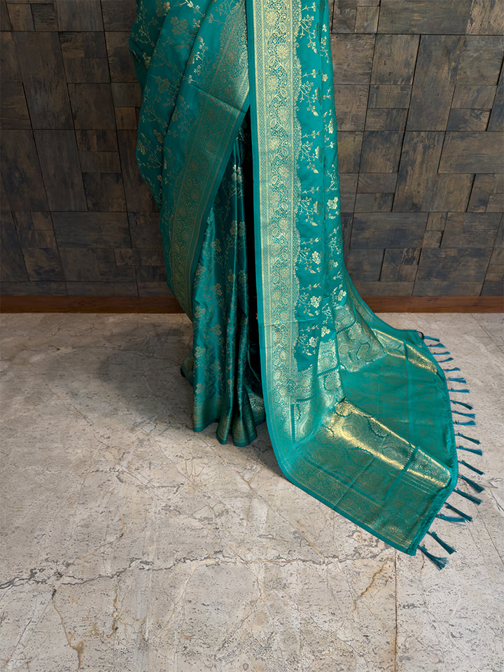 Teal Banarasi Satin Silk Saree with Gold Zari