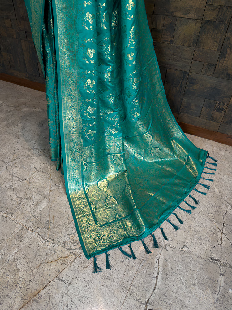 Teal Banarasi Satin Silk Saree with Gold Zari