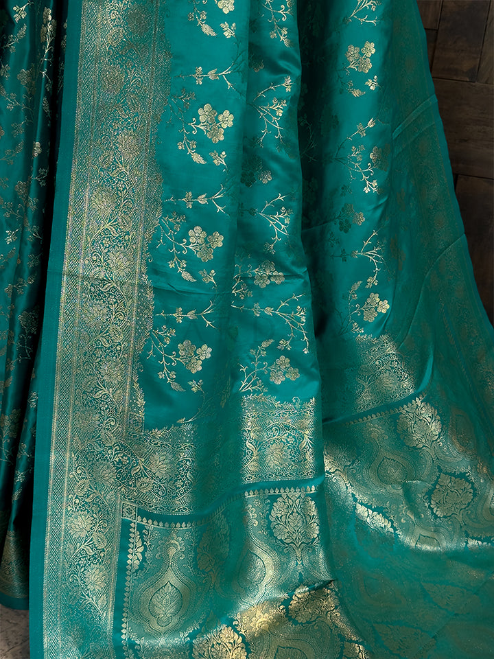 Teal Banarasi Satin Silk Saree with Gold Zari