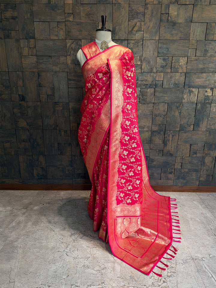Rani Pink Banarasi Satin Silk Saree with Gold Zari