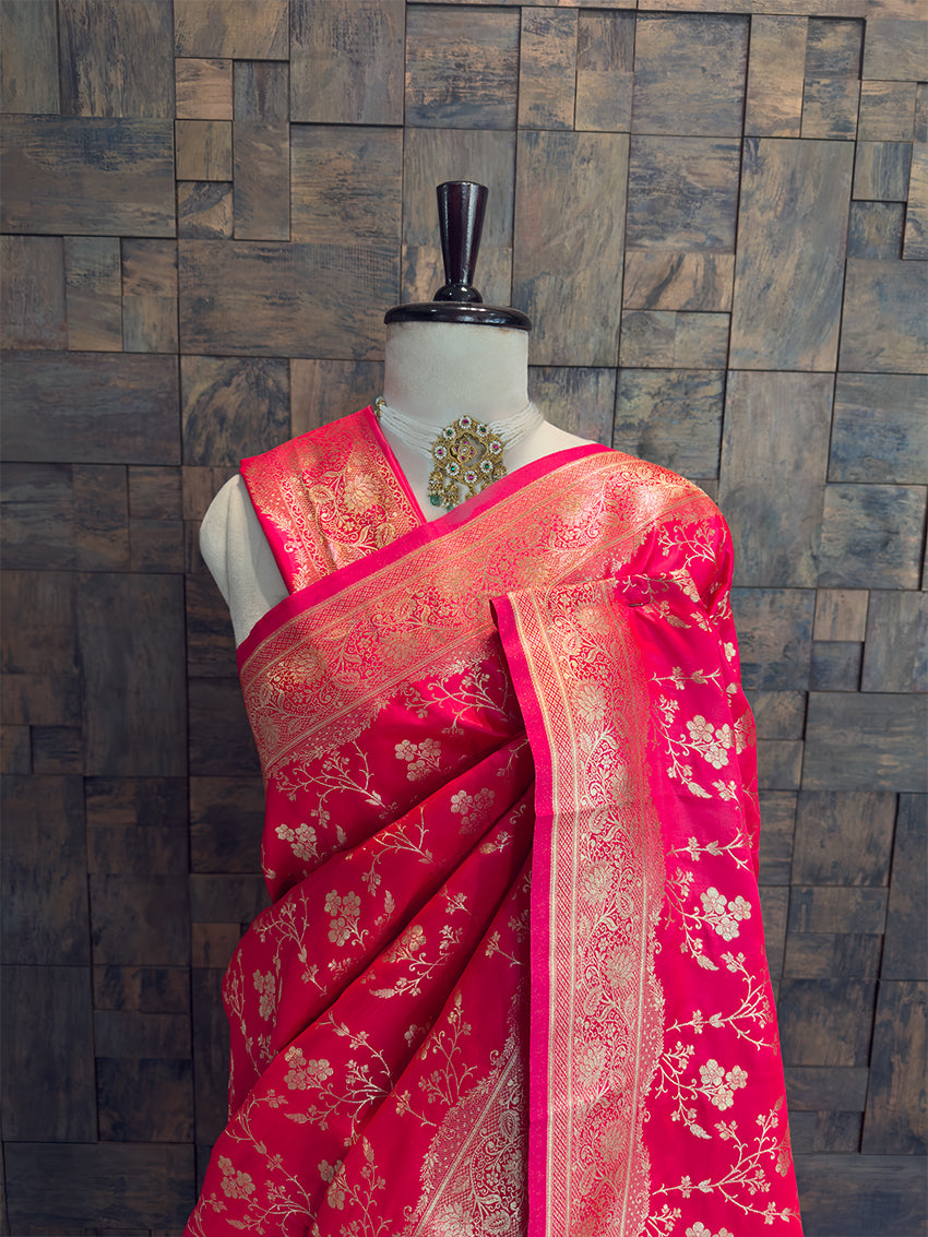 Rani Pink Banarasi Satin Silk Saree with Gold Zari