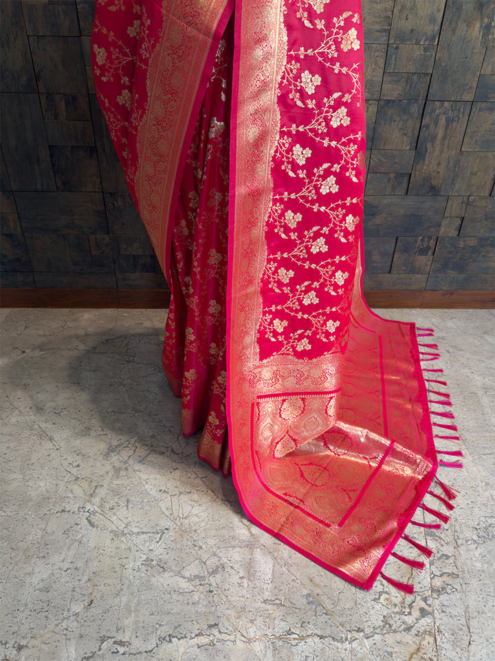 Rani Pink Banarasi Satin Silk Saree with Gold Zari