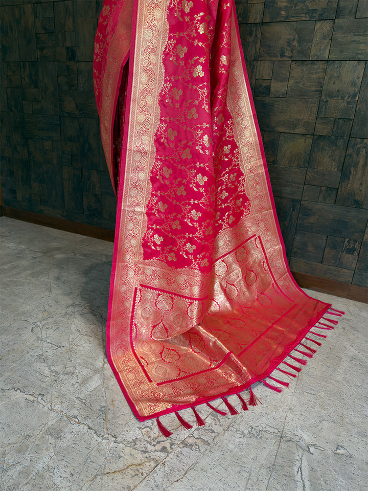 Rani Pink Banarasi Satin Silk Saree with Gold Zari