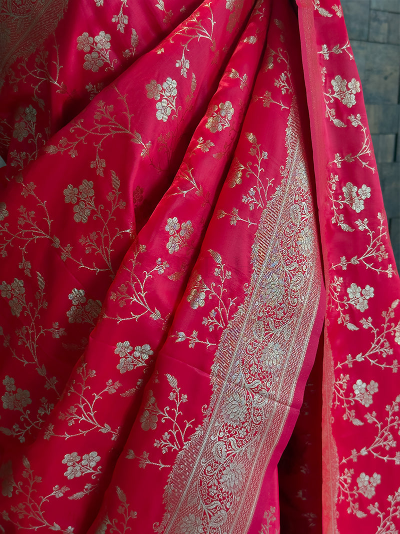 Rani Pink Banarasi Satin Silk Saree with Gold Zari