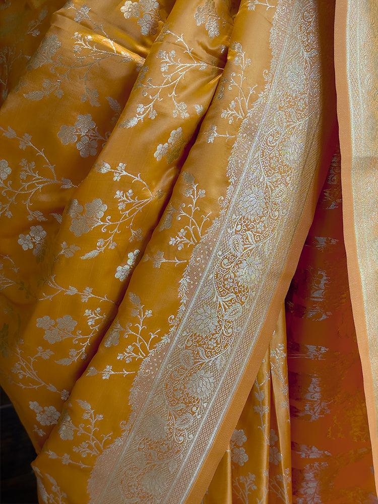 Yellow Banarasi Satin Silk Saree with Gold Zari