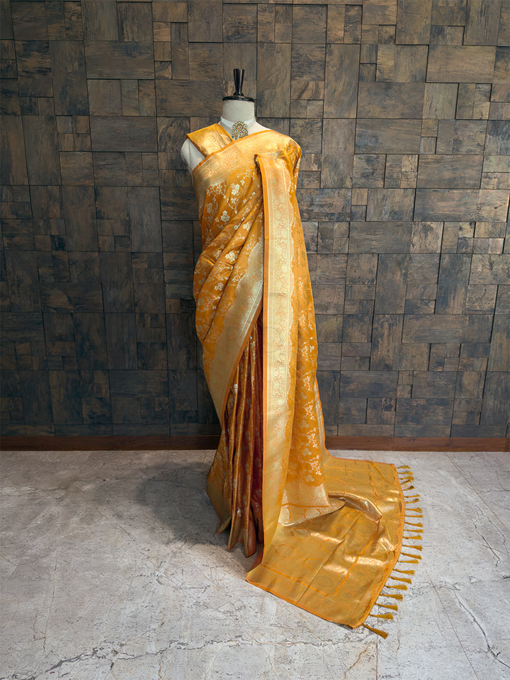 Yellow Banarasi Satin Silk Saree with Gold Zari