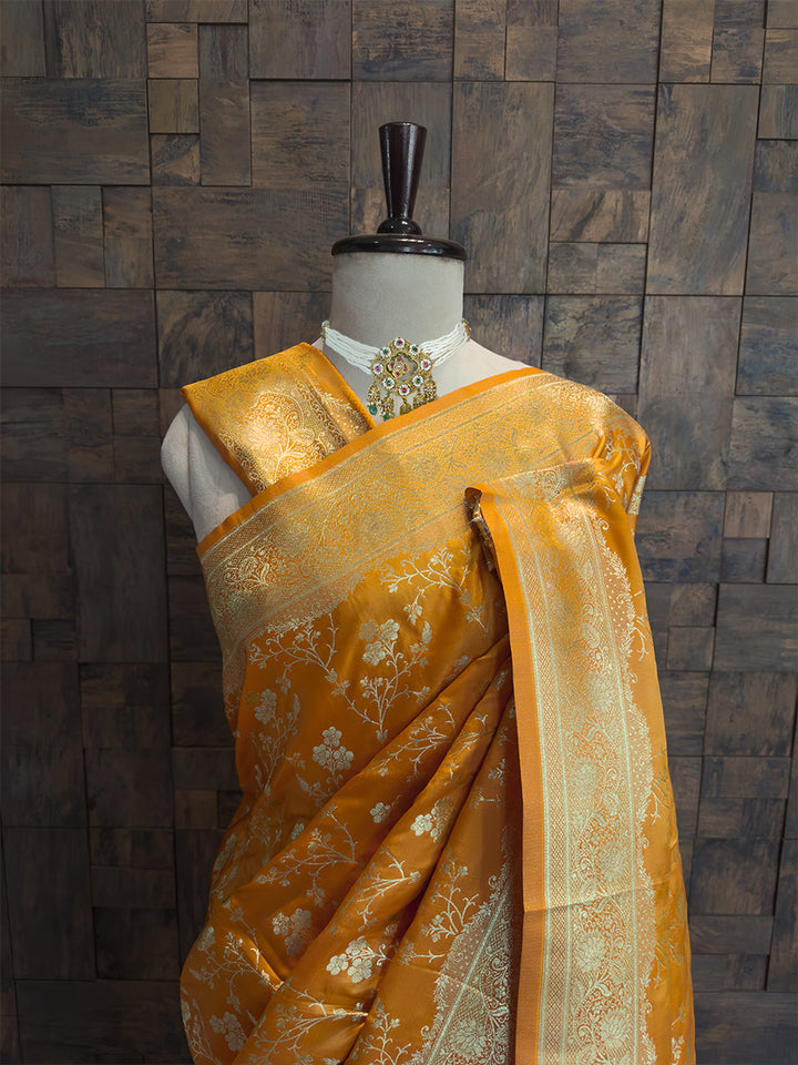 Yellow Banarasi Satin Silk Saree with Gold Zari
