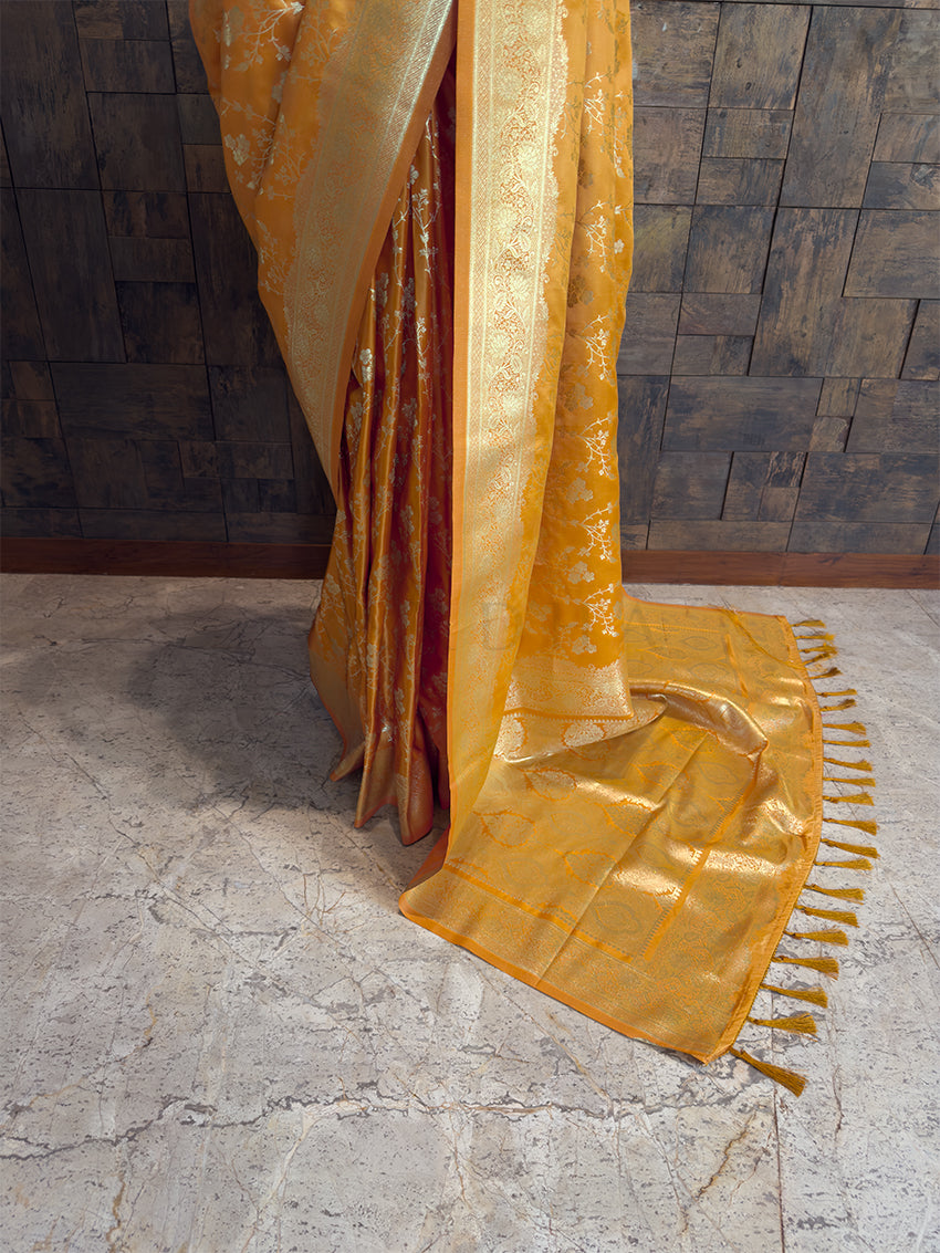 Yellow Banarasi Satin Silk Saree with Gold Zari