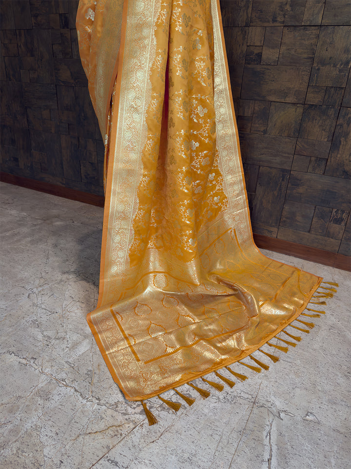 Yellow Banarasi Satin Silk Saree with Gold Zari