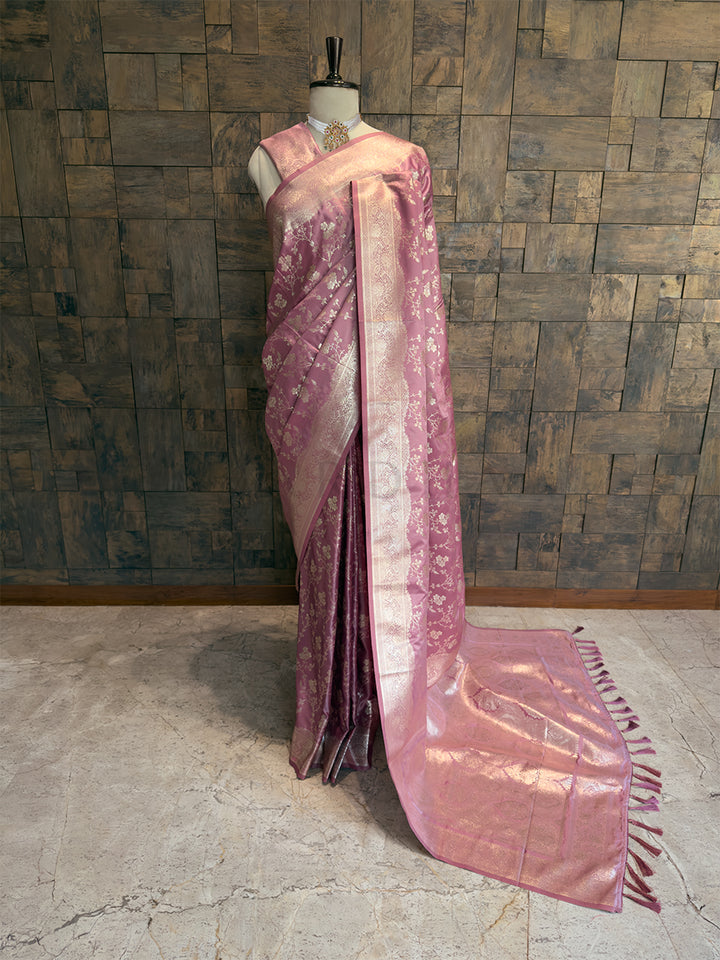 Dusty Lilac Banarasi Satin Silk Saree with Gold Zari