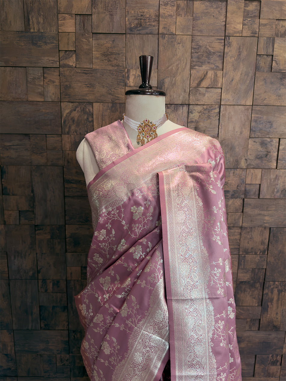 Dusty Lilac Banarasi Satin Silk Saree with Gold Zari