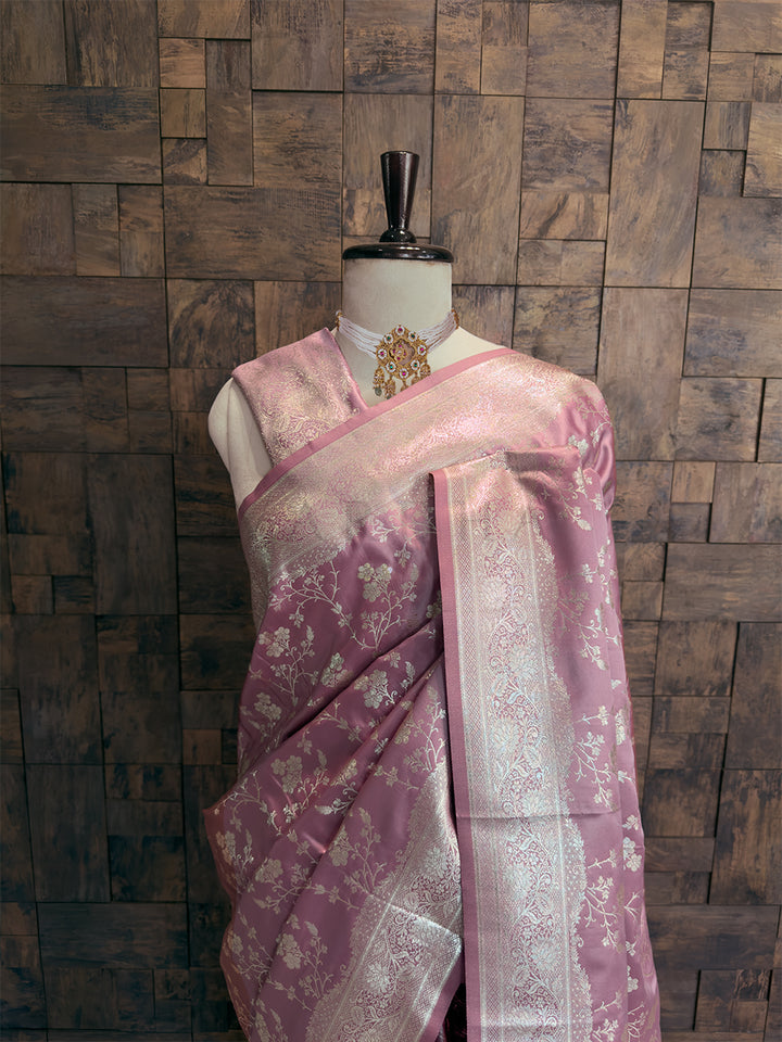Dusty Lilac Banarasi Satin Silk Saree with Gold Zari