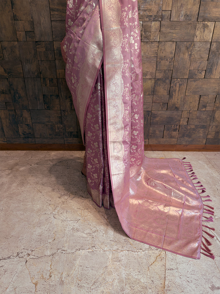 Dusty Lilac Banarasi Satin Silk Saree with Gold Zari