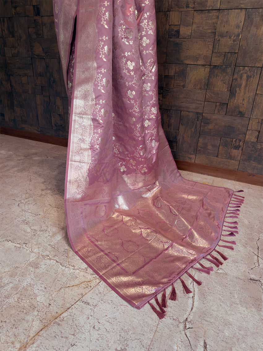 Dusty Lilac Banarasi Satin Silk Saree with Gold Zari