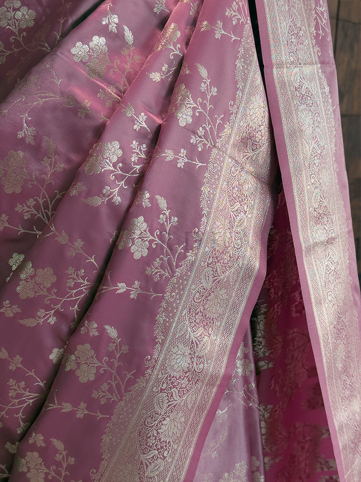 Dusty Lilac Banarasi Satin Silk Saree with Gold Zari