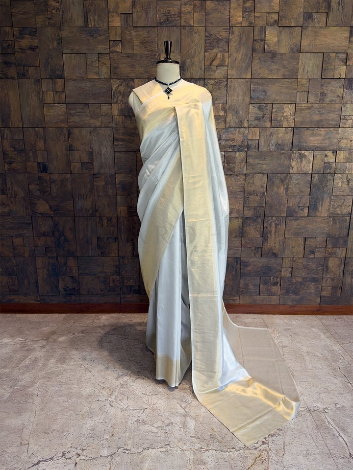 Off White Kanjivaram Viscose Silk Saree with Gold Zari Work