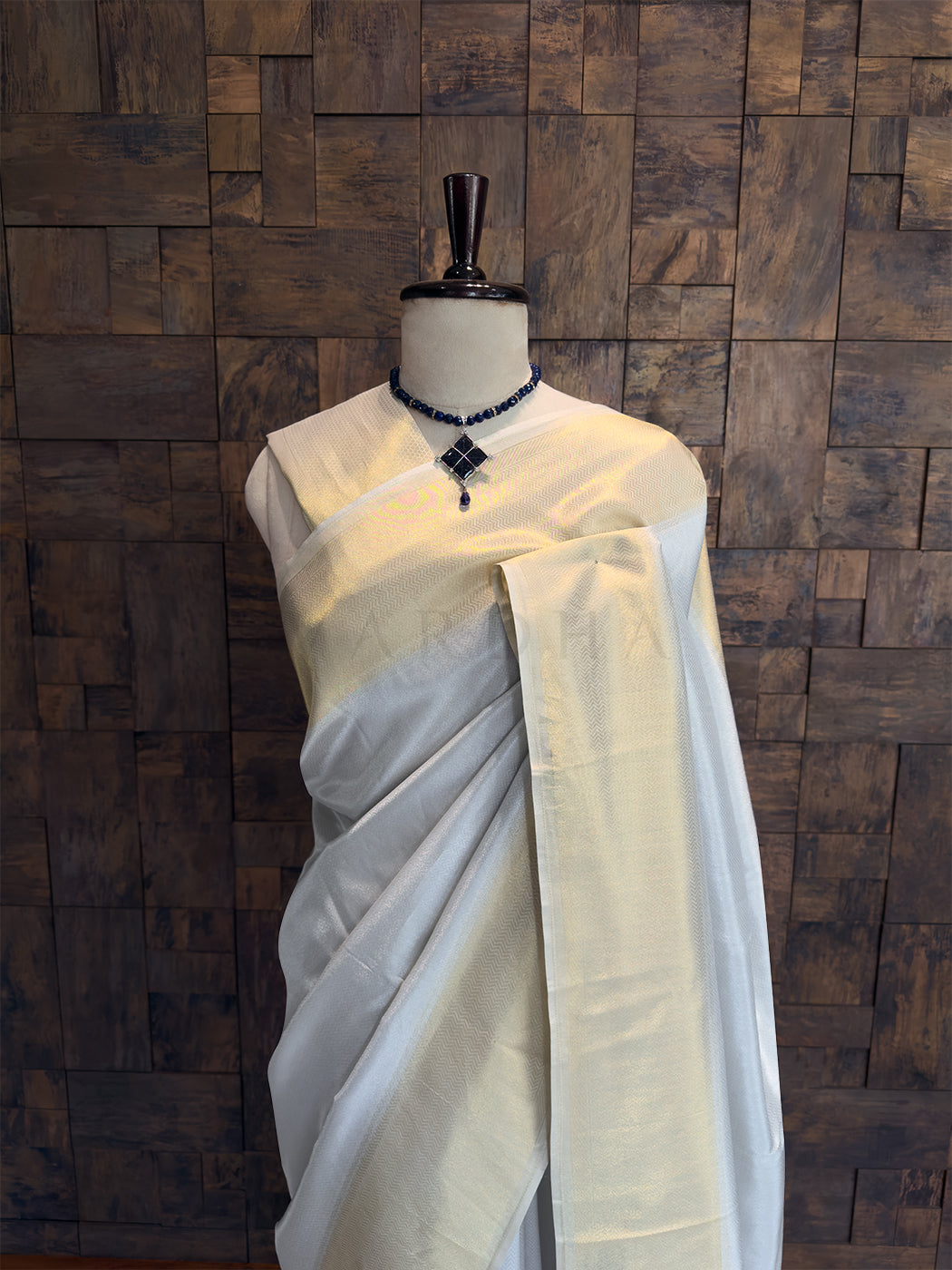 Off White Kanjivaram Viscose Silk Saree with Gold Zari Work