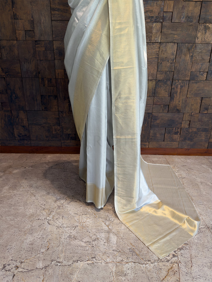 Off White Kanjivaram Viscose Silk Saree with Gold Zari Work
