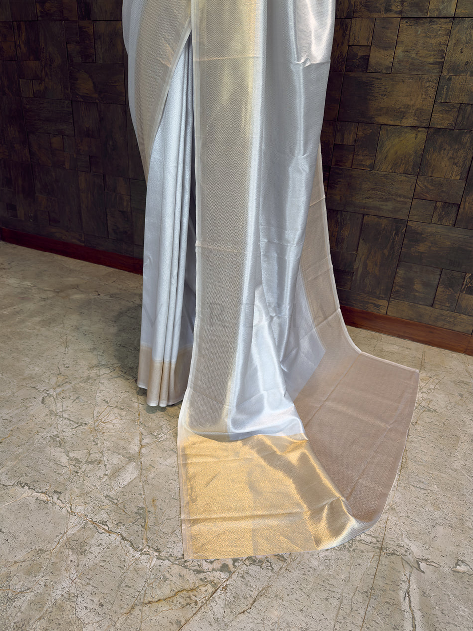Off White Kanjivaram Viscose Silk Saree with Gold Zari Work