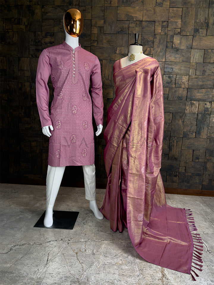 Pink Kanjivaram Silk Saree & Sequin Kurta Ethnic Couple Set