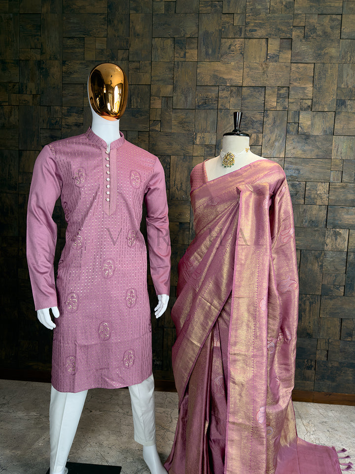 Pink Kanjivaram Silk Saree & Sequin Kurta Ethnic Couple Set