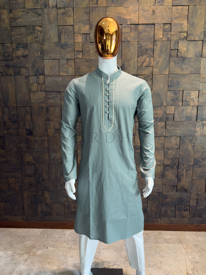 Dusty Slate Blue Cotton Kurta with Embroidered Placket &amp; Crystal Buttons