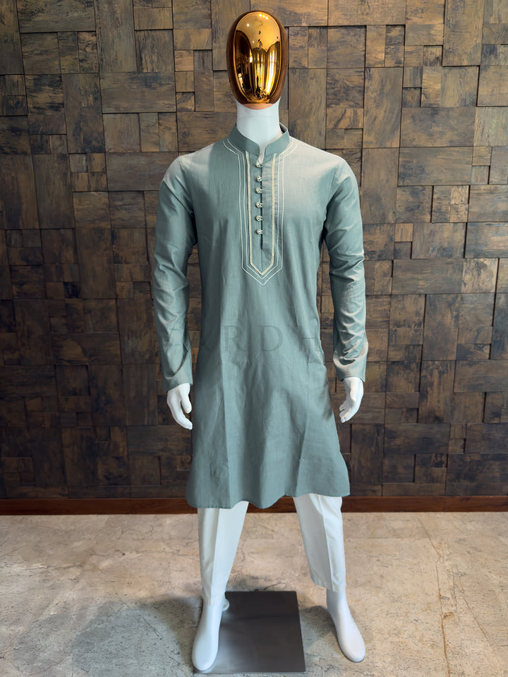 Dusty Slate Blue Cotton Kurta with Embroidered Placket &amp; Crystal Buttons